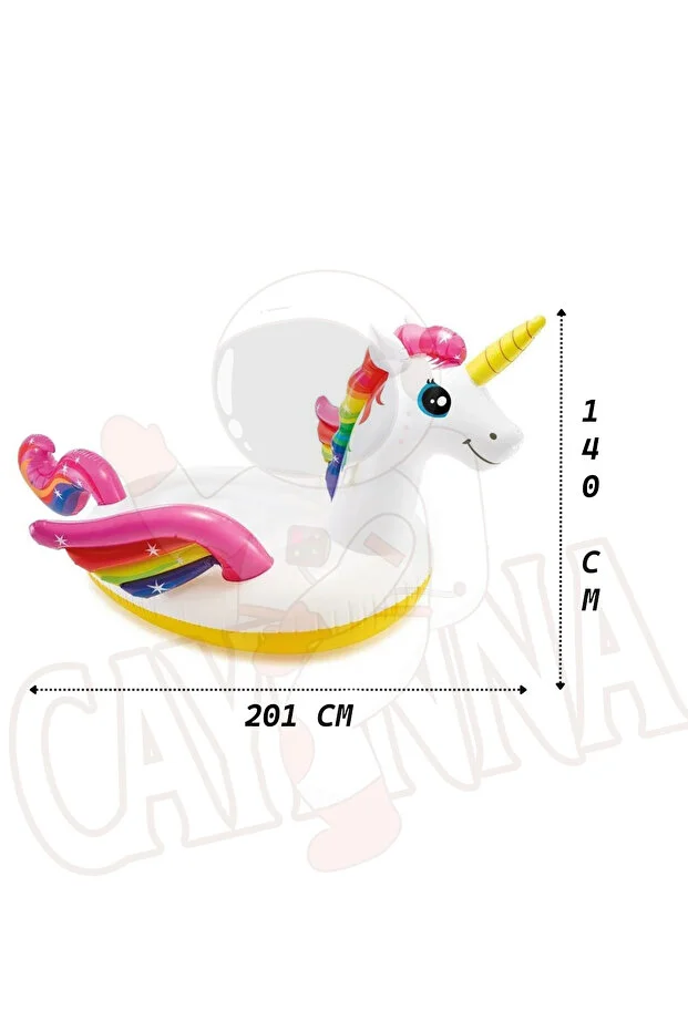 Unicorn Tek Boynuzlu Tutamaçlı MEGA Boy Ada Binici At Havuz, Deniz 201cm x 140cm x 97cm Pompa, Yama